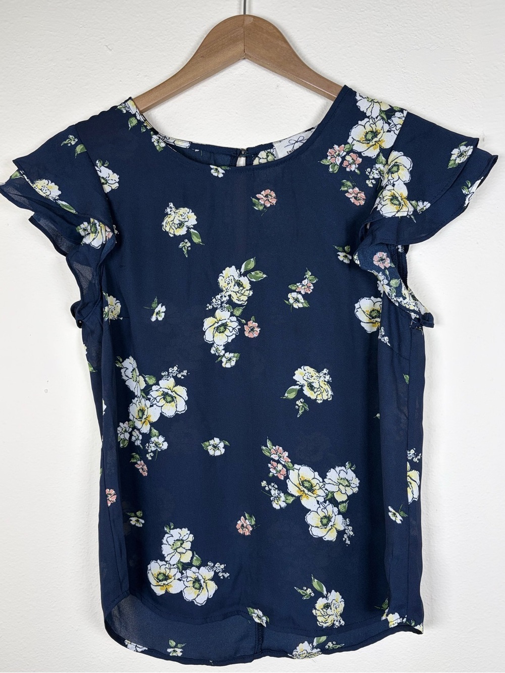 Twine & String Navy Floral Flutter Sleeve Blouse Sheer Lightweight Top Size S